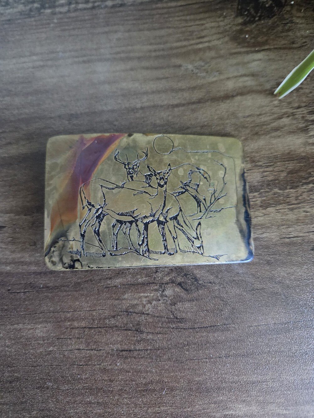 Vintage Brass Buckle Etched Deer Buck Q